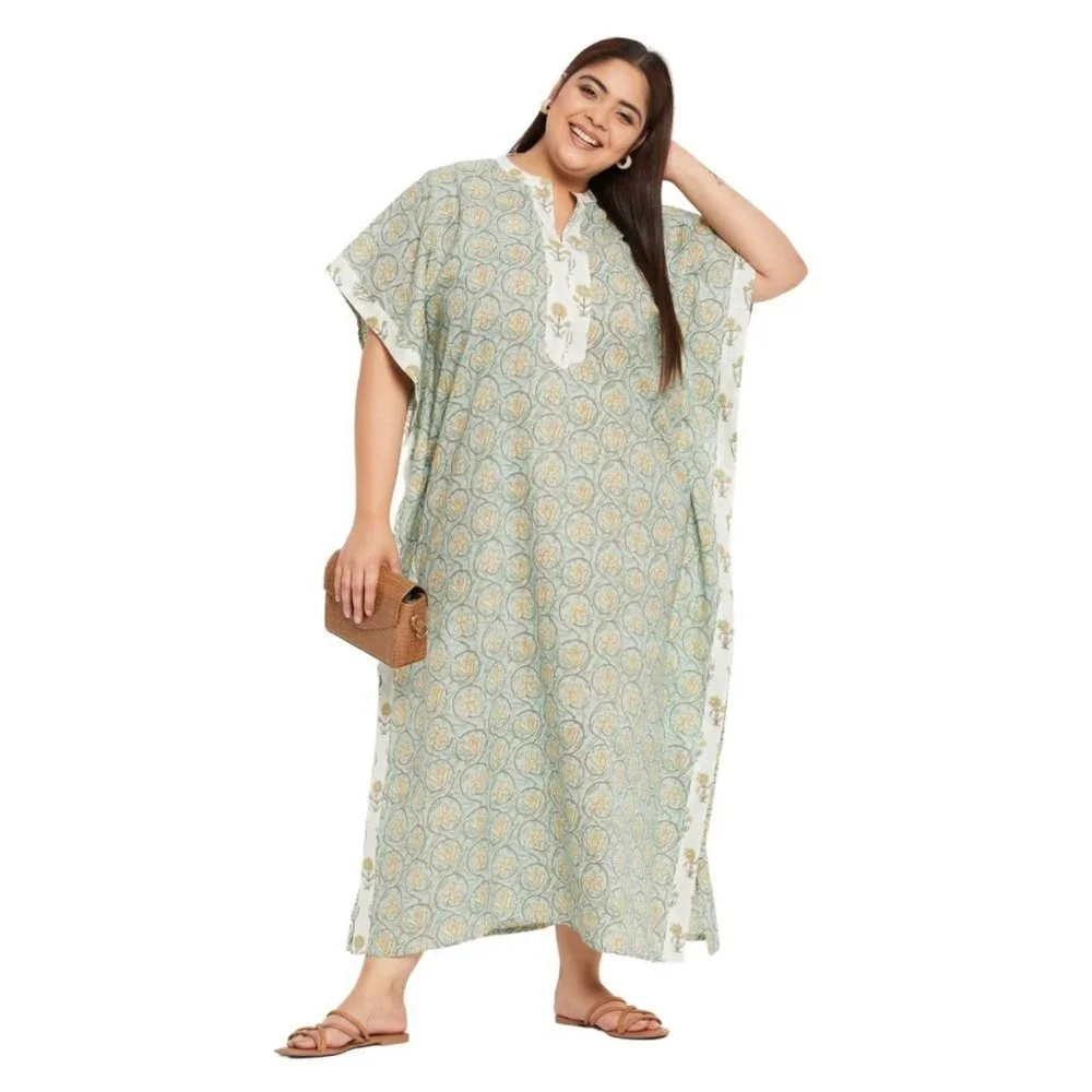 Floral Print Sea Green Cotton Border Kaftan Dress for Women